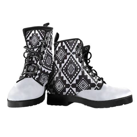 Image of Tribal Black And White Women's Vegan Leather Ankle Boots, Fashion Lace,Up Boots,