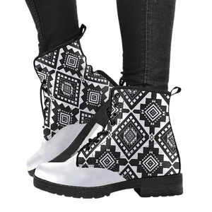 Tribal Black And White Women's Vegan Leather Ankle Boots, Fashion Lace,Up Boots,