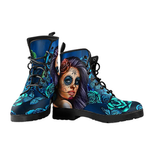 Calavera Turquoise Women's Leather Boots, Vegan Boots, Cosmos Sky