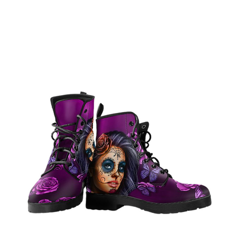 Image of Rose Calavera, Hand,Crafted Vegan Leather Boots for Women, Hippie Streetwear,