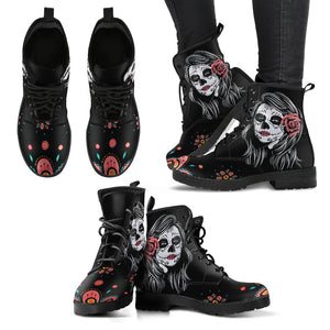 Calavera Roses Vegan Leather Boots, Handcrafted Ankle Lace Up Women's Shoes, Eco-Friendly Women's Fashion Boots