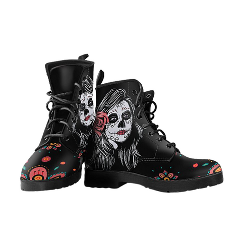 Image of Calavera Roses Vegan Leather Boots, Handcrafted Ankle Lace Up Women's Shoes, Eco-Friendly Women's Fashion Boots