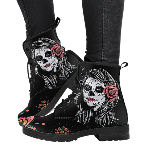 Image of Calavera Roses Vegan Leather Boots, Handcrafted Ankle Lace Up Women's Shoes, Eco-Friendly Women's Fashion Boots