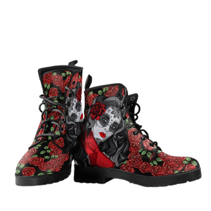 Calavera Roses, Vegan Leather Women's Boots, Winter and Rain Resistant,