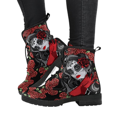 Image of Calavera Roses, Vegan Leather Women's Boots, Winter and Rain Resistant,