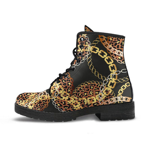 Image of Gold Chain Leopard Cheetah Women's Vegan Leather Boots, Handcrafted Fashion