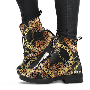 Gold Chain Leopard Cheetah Women's Vegan Leather Boots, Handcrafted Fashion