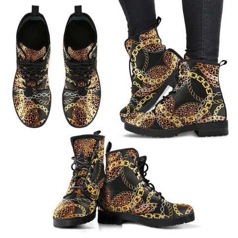 Image of Gold Chain Leopard Cheetah Women's Vegan Leather Boots, Handcrafted Fashion