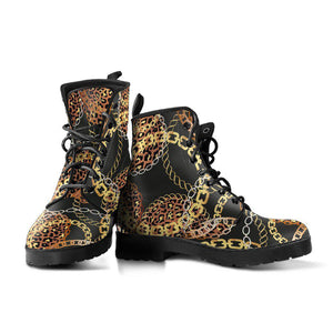 Gold Chain Leopard Cheetah Women's Vegan Leather Boots, Handcrafted Fashion