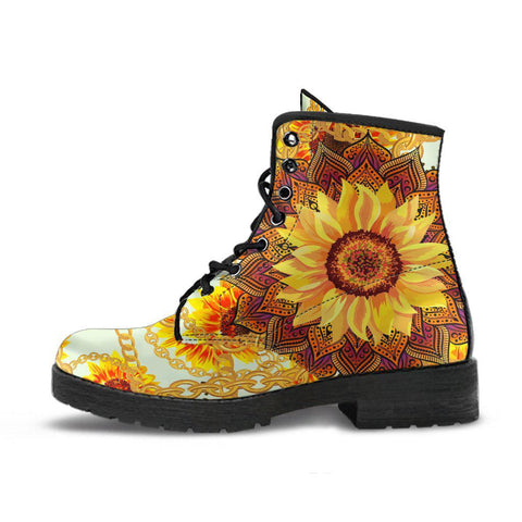 Image of Mandala Sunflower Vegan Leather Boots for Women, Floral Cosmos Galaxy