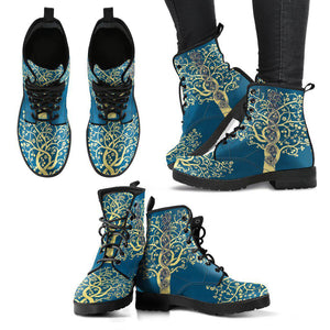 Blue Tree of Life Mandala Women’s Vegan Leather Rain Boots ,