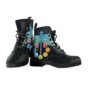 Handcrafted Chakra Dragonfly Leather Boots, Women's Vegan Fashion Shoes, Stylish