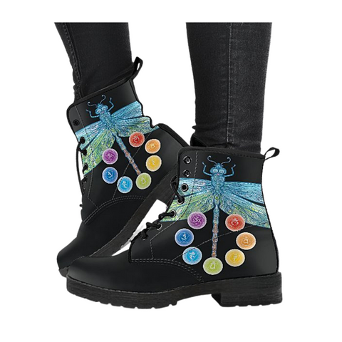 Image of Handcrafted Chakra Dragonfly Leather Boots, Women's Vegan Fashion Shoes, Stylish