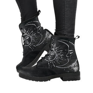 Black Sun Moon Mandala Women's Vegan Leather Boots, Rain