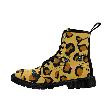 Image of Cheetah Print Cat Eyes Womens Lolita Combat Boots,Hand Crafted,Multi Colored