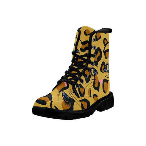 Image of Cheetah Print Cat Eyes Womens Lolita Combat Boots,Hand Crafted,Multi Colored