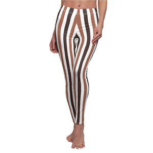 Chocolate Brown Stripe Women's Cut & Sew Casual Leggings, Yoga Pants, Polyester