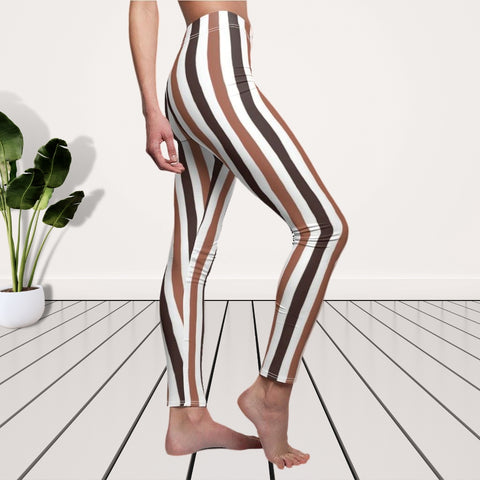 Image of Chocolate Brown Stripe Women's Cut & Sew Casual Leggings, Yoga Pants, Polyester