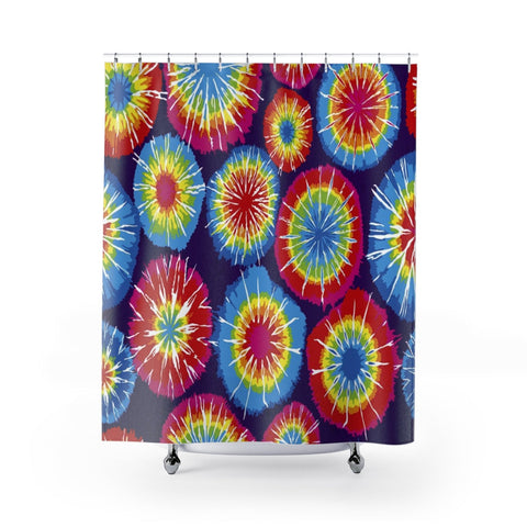Image of Color Burst Tie Dye Red & Blue Multicolored Shower Curtains, Water Proof Bath