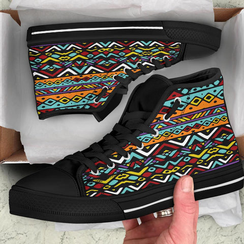 Image of Colored ethnic mexican tribal stripes,Spiritual, Multi Colored, High Quality,Handmade Crafted,Spiritual, High Tops Sneaker, Streetwear