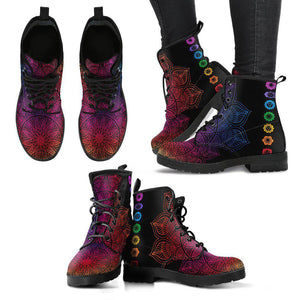 Women's Chakra Lotus Vegan Leather Boots - Handcrafted Ankle Boots - Bohemian Hippie Style - Ladies Energy Center Footwear - Waterproof