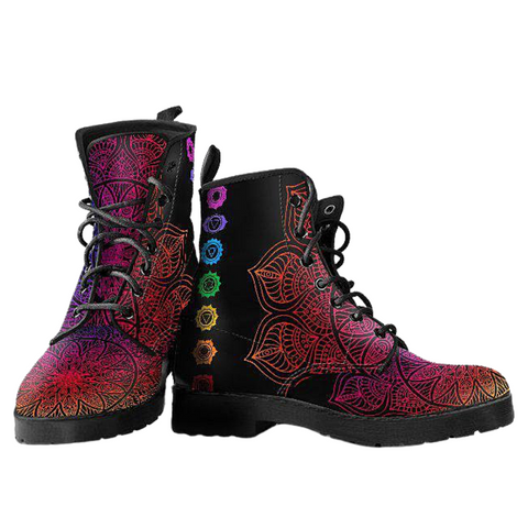 Image of Women's Chakra Lotus Vegan Leather Boots - Handcrafted Ankle Boots - Bohemian Hippie Style - Ladies Energy Center Footwear - Waterproof