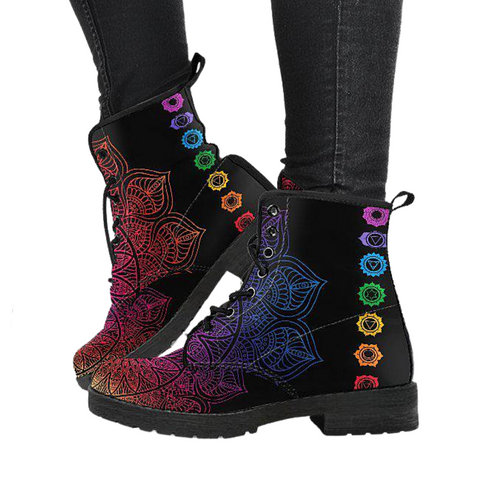 Image of Women's Chakra Lotus Vegan Leather Boots - Handcrafted Ankle Boots - Bohemian Hippie Style - Ladies Energy Center Footwear - Waterproof