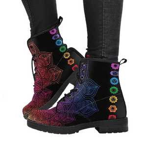 Women's Chakra Lotus Vegan Leather Boots - Handcrafted Ankle Boots - Bohemian Hippie Style - Ladies Energy Center Footwear - Waterproof