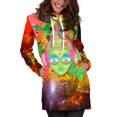 Image of Colorful Abstract Galaxy Buddha Pullover Long Dress, Dresses Sweatshirt, Custom Made,Womens Hoodie Dress,Custom Printed,Woman Girl Gift