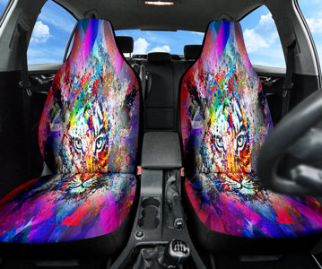 Abstract Tiger Print Car Seat Covers, Colorful Front Seat Protectors Pair, Auto