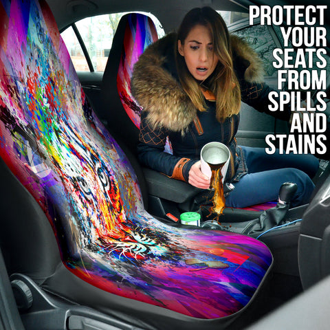 Image of Abstract Tiger Print Car Seat Covers, Colorful Front Seat Protectors Pair, Auto