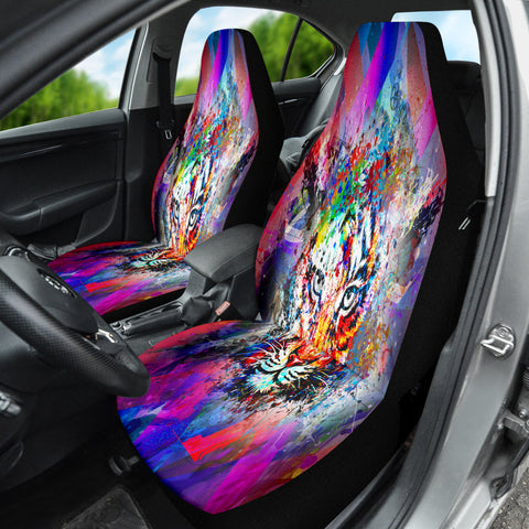 Image of Abstract Tiger Print Car Seat Covers, Colorful Front Seat Protectors Pair, Auto