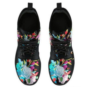 Colorful Bird Floral Women's Vegan Leather Boots, Multi,Coloured, Combat Style,