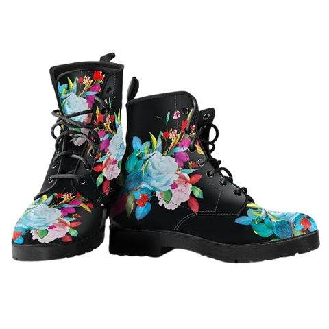 Image of Colorful Bird Floral Women's Vegan Leather Boots, Multi,Coloured, Combat Style,