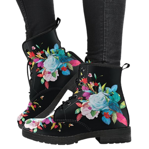 Image of Colorful Bird Floral Women's Vegan Leather Boots, Multi,Coloured, Combat Style,