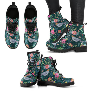 Bird and Flowers Themed Women's Vegan Leather Boots, Multi,Colored, Combat