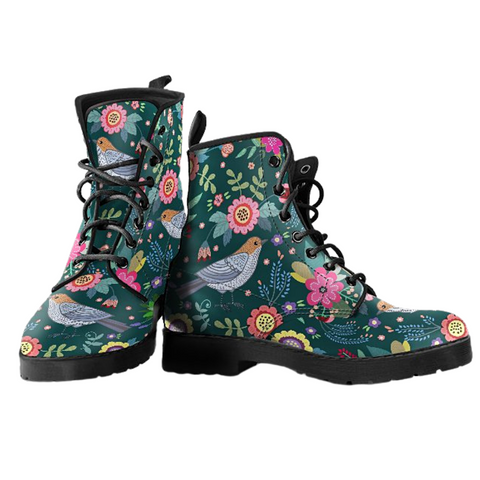 Image of Bird and Flowers Themed Women's Vegan Leather Boots, Multi,Colored, Combat