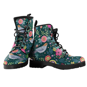 Bird and Flowers Themed Women's Vegan Leather Boots, Multi,Colored, Combat