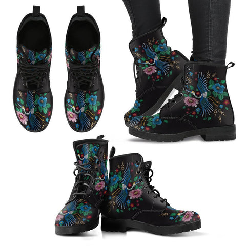 Image of Bird and Flowers Themed Women's Vegan Leather Boots, Multi,Coloured, Combat