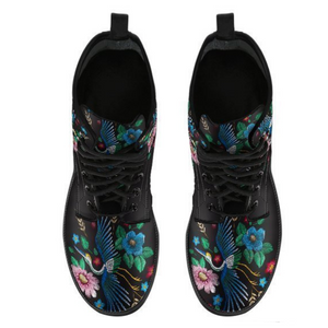 Bird and Flowers Themed Women's Vegan Leather Boots, Multi,Coloured, Combat