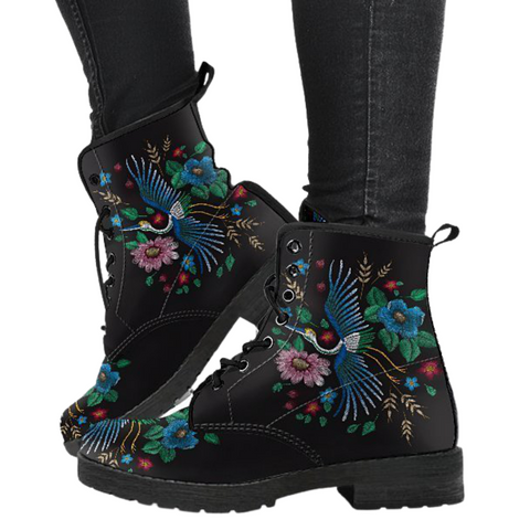 Image of Bird and Flowers Themed Women's Vegan Leather Boots, Multi,Coloured, Combat