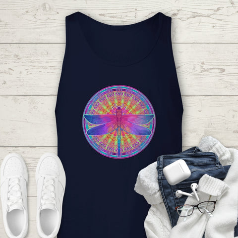 Image of Colorful Blue Pink Multicolored Dragonfly Mandala Premium Unisex Tank Top,