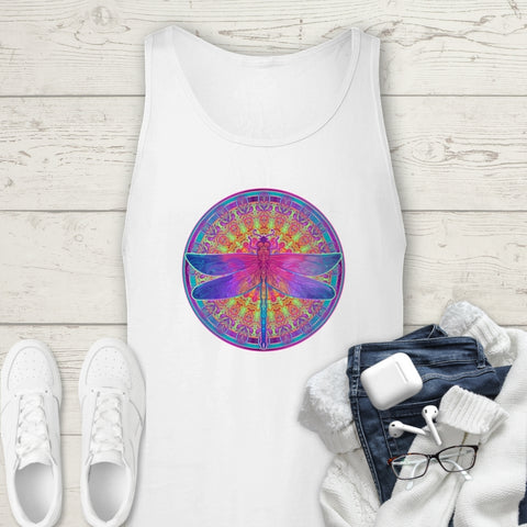 Image of Colorful Blue Pink Multicolored Dragonfly Mandala Premium Unisex Tank Top,