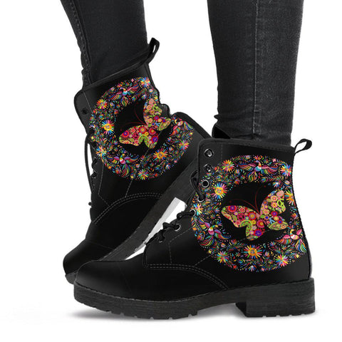 Image of Colorful Butterflies Decor Women's Vegan Leather Boots, Handcrafted Rain Shoes,