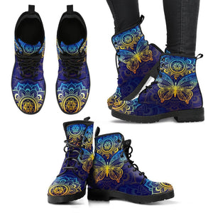 Blue Gold Butterfly Women's Vegan Leather Boots, Multi,Coloured, Combat Style,