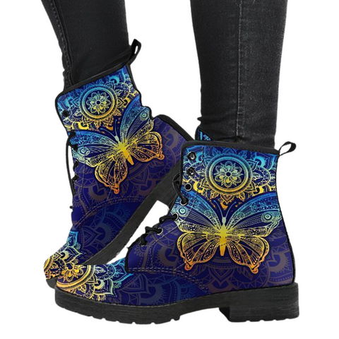 Image of Blue Gold Butterfly Women's Vegan Leather Boots, Multi,Coloured, Combat Style,