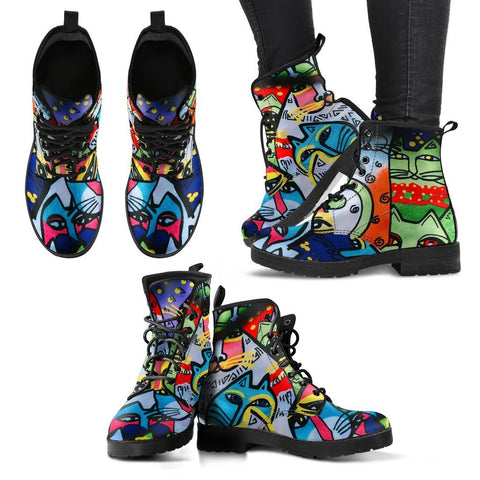 Image of Cat Street Art, Women's Vegan Leather Boots, Handcrafted Lace Up Ankle Boots,