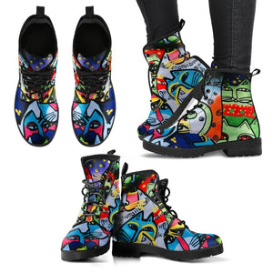 Cat Street Art, Women's Vegan Leather Boots, Handcrafted Lace Up Ankle Boots,