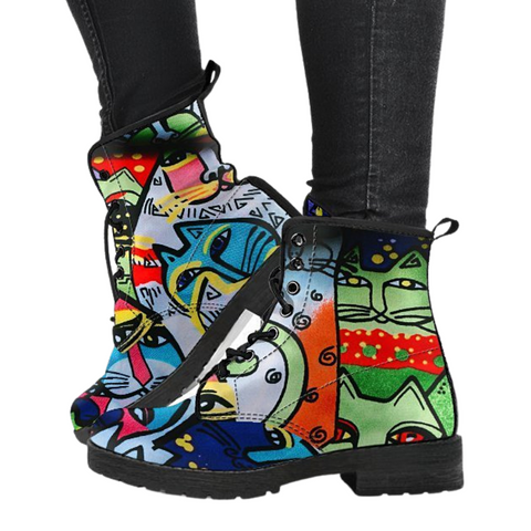 Image of Cat Street Art, Women's Vegan Leather Boots, Handcrafted Lace Up Ankle Boots,