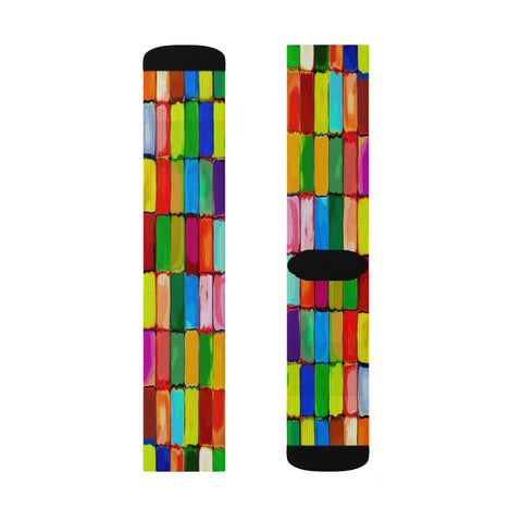 Image of Colorful Color Block Mosaic Long Sublimation Socks, High Ankle Socks, Warm and